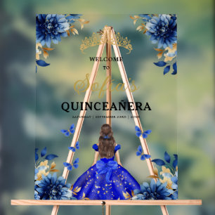 Royal Blue Gold Princess Quinceañera Welcome  Acrylic Sign
