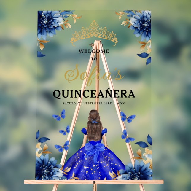 Royal Blue Gold Princess Quinceañera Welcome  Acrylic Sign (Neutral)