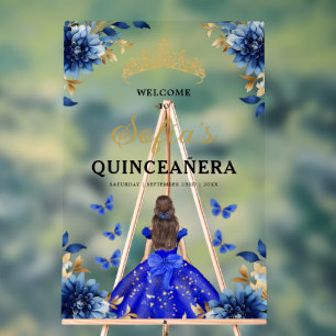 Royal Blue Gold Princess Quinceañera Welcome  Acrylic Sign