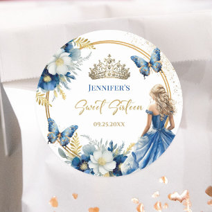 Royal Blue Gold Princess Tiara Floral Sweet 16 Classic Round Sticker