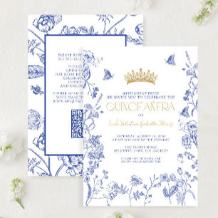 Royal Blue Gold QR Floral Butterfly Quinceañera Invitation