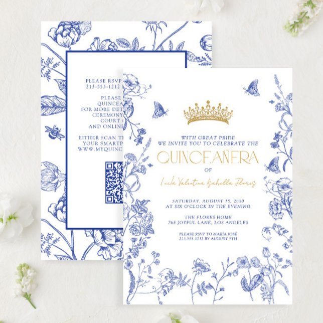 Royal Blue Gold QR Floral Butterfly Quinceañera Invitation (Creator Uploaded)