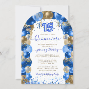 Royal Blue Gold Quinceañera Balloon Photo Invitation