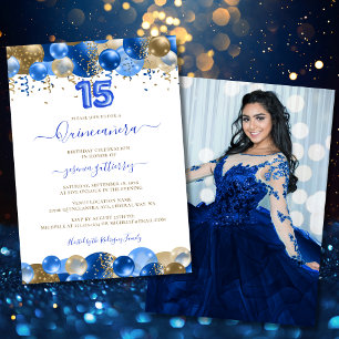 Royal Blue Gold Quinceañera Balloon Photo Invitation