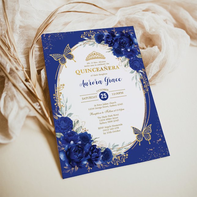 Royal Blue Gold Quinceañera Floral Butterfly Tiara Invitation (Creator Uploaded)