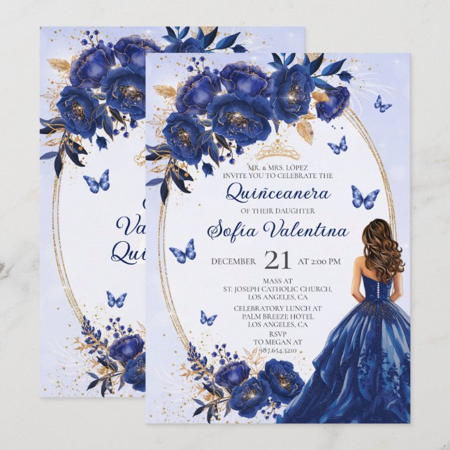 Royal Blue & Gold Quinceañera Invitation (Front/Back)