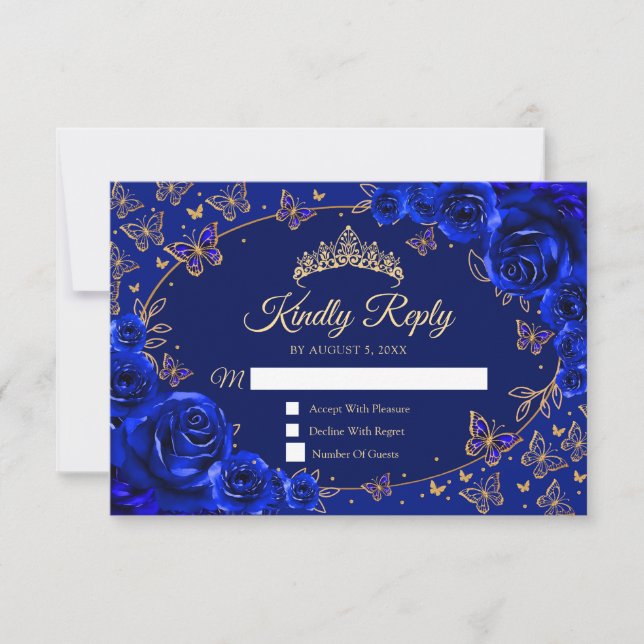 Royal Blue Gold Quinceanera Reply RSVP Card (Front)