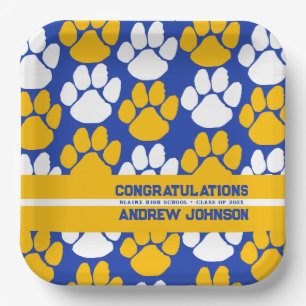 Royal Blue & Gold Repeating Pawprint Personalised Paper Plate