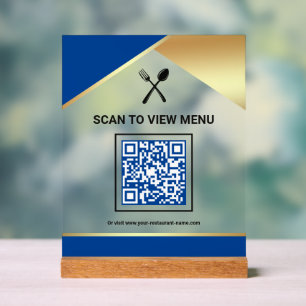 Royal Blue Gold Restaurant Digital QR Code Menu Acrylic Sign