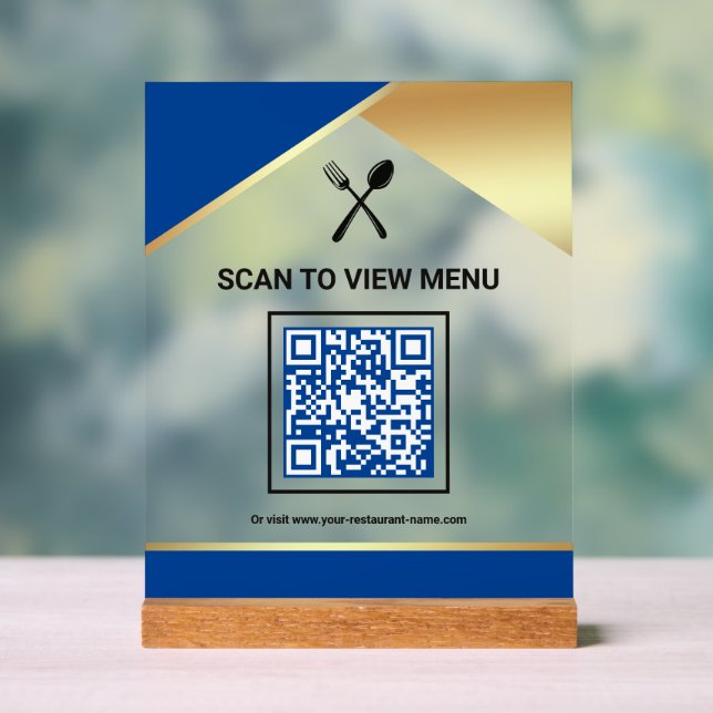 Royal Blue Gold Restaurant Digital QR Code Menu Acrylic Sign (Neutral)