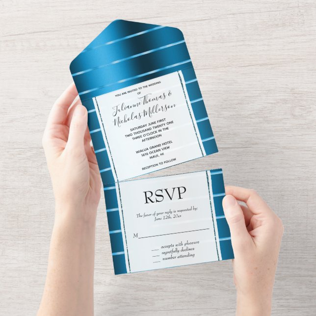 Royal Blue Gold Ribbon Wedding All In One Invitation (Tearaway)