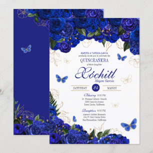 Royal Blue Gold Rose Butterfly Elegant Quinceanera Invitation