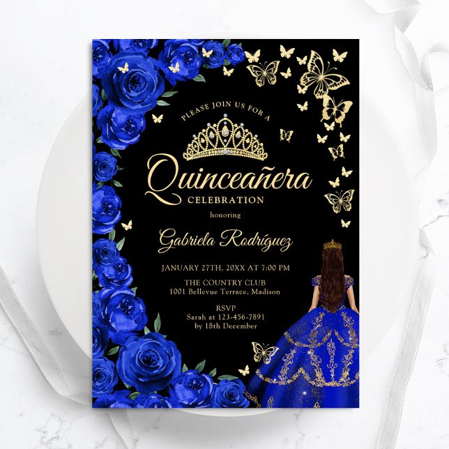 Royal Blue Gold Roses Butterflies Quinceanera Invitation (Creator Uploaded)