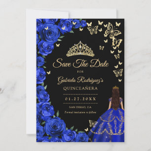 Royal Blue Gold Roses Butterflies Quinceanera Save The Date