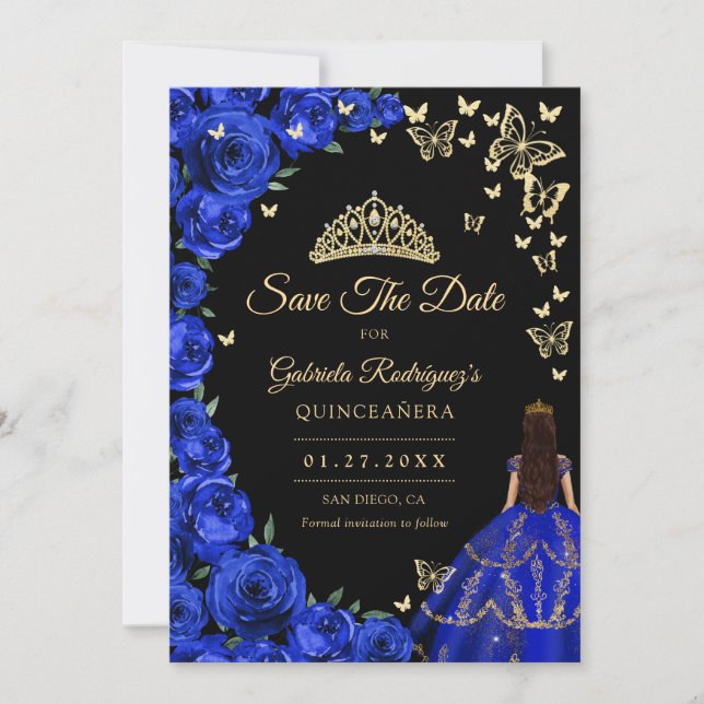 Royal Blue Gold Roses Butterflies Quinceanera Save The Date (Front)