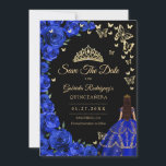 Royal Blue Gold Roses Butterflies Quinceanera Save The Date<br><div class="desc">Royal blue gold Quinceanera celebration save the date card. Features brunette girl in ball gown dress,  script font,  gold butterflies,  royal blue roses and tiara. Perfect for an elegant princess style glam celebration. Personalise with your own details. Printed Zazzle cards or instant download digital printable template.</div>