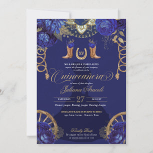 Royal Blue Gold Roses Charro Western Quinceanera Invitation