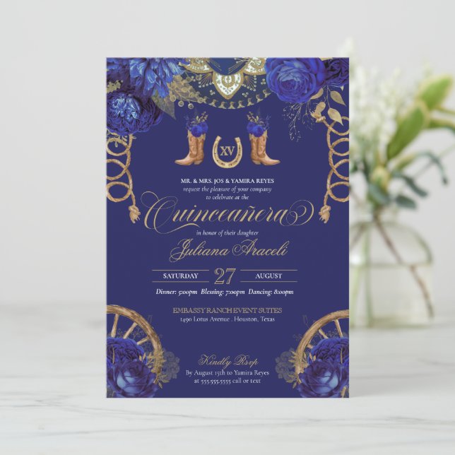 Royal Blue Gold Roses Country Western Quinceanera Invitation (Standing Front)