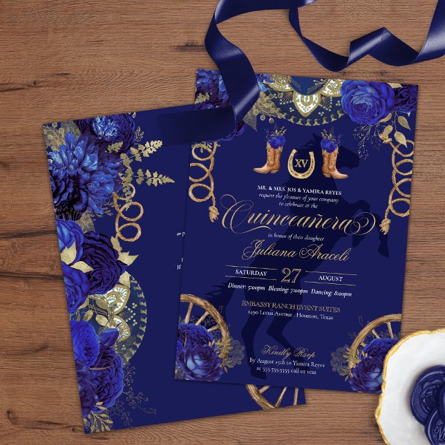 Royal Blue Gold Roses Elegant Charro Quinceanera Invitation (Creator Uploaded)