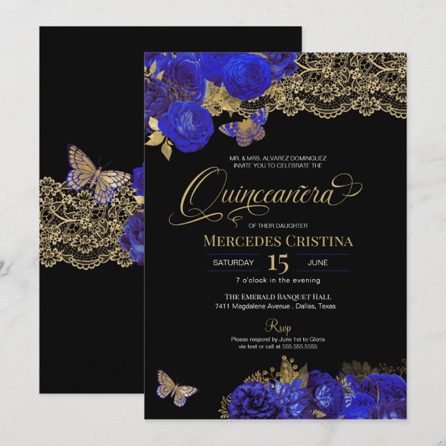 Royal Blue & Gold Roses Lace Butterfly Quinceañera Invitation (Front/Back)