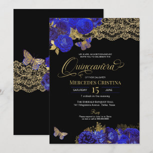 Royal Blue & Gold Roses Lace Butterfly Quinceañera Invitation