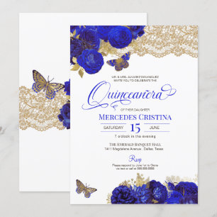 Royal Blue & Gold Roses Lace Butterfly Quinceañera Invitation