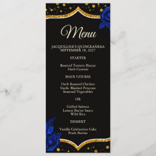 Royal Blue Gold Roses Quinceanera Menu Card