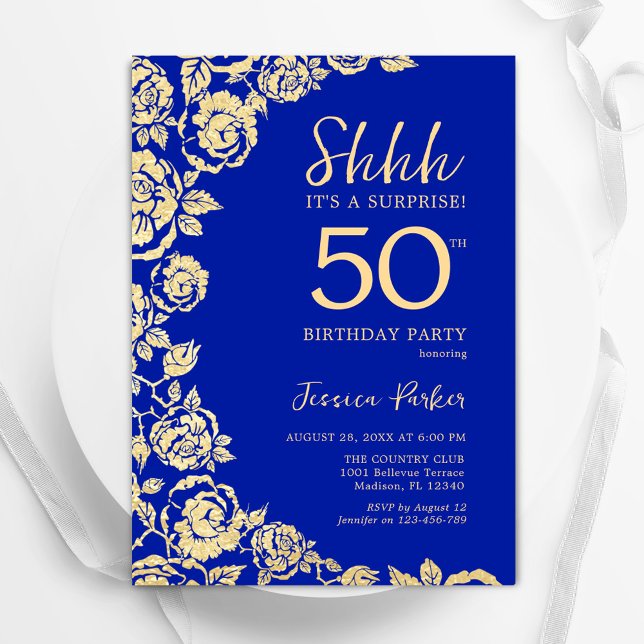 Royal Blue Gold Roses Surprise 50th Birthday Invitation (Creator Uploaded)