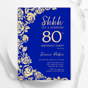 Royal Blue Gold Roses Surprise 80th Birthday Invitation