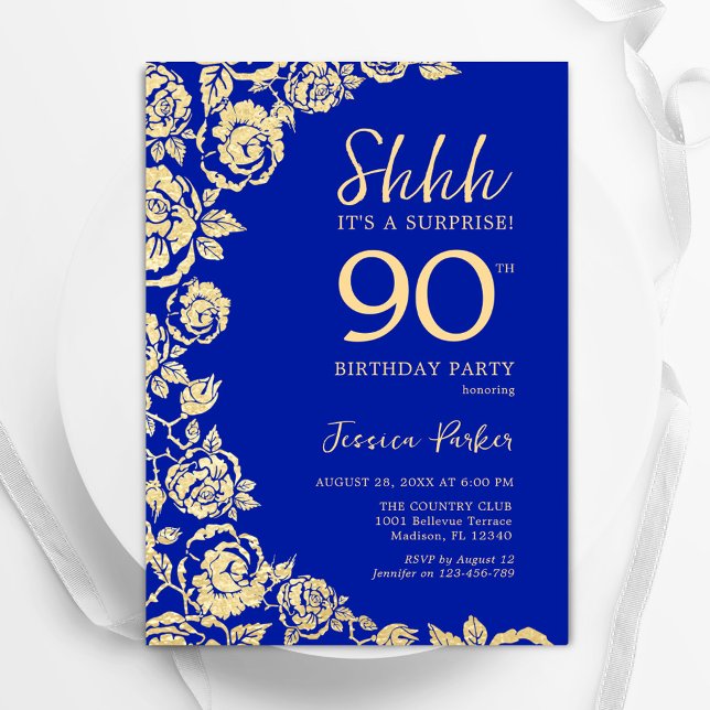 Royal Blue Gold Roses Surprise 90th Birthday Invitation (Creator Uploaded)