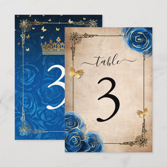 Royal Blue Gold Roses Table Number Cards  (Front/Back)