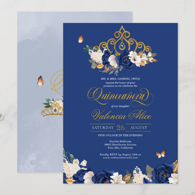Royal Blue Gold Roses Tiara Butterfly Quinceañera Invitation (Front/Back)