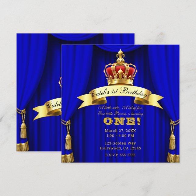 Royal Blue Gold Royal Crown 2 Prince 1st Birthday Invitation (Front/Back)