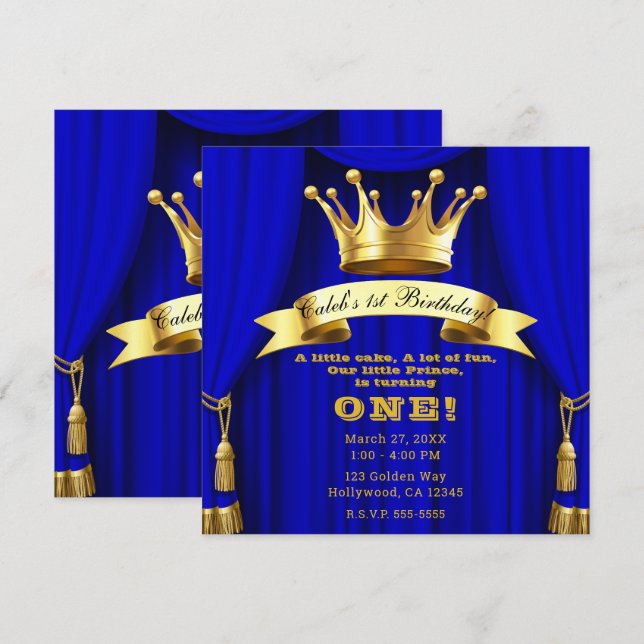 Royal Blue Gold Royal Crown Prince 1st Birthday Invitation (Front/Back)