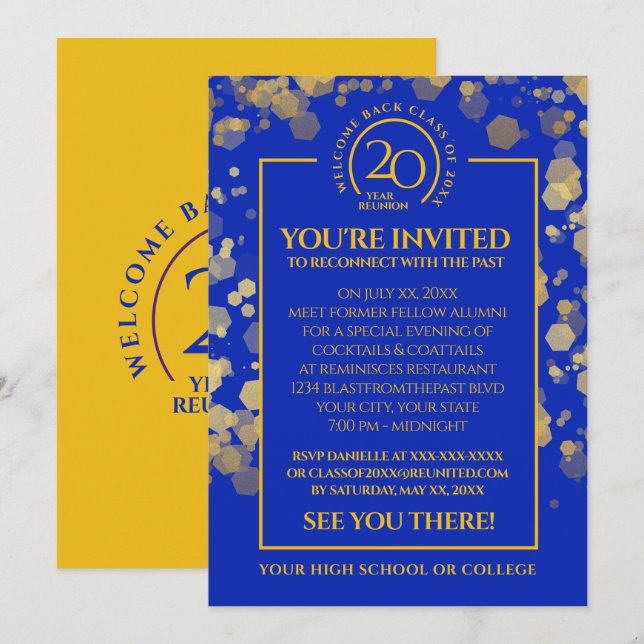 Royal Blue & Gold School Class Reunion Invitation (Front/Back)