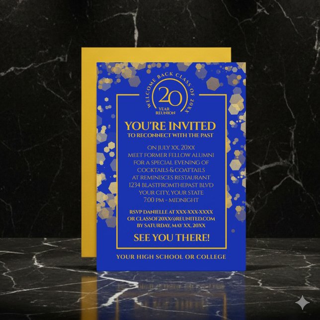 Royal Blue & Gold School Class Reunion Invitation (Elegant Royal Blue & Gold School Class Reunion Invitation Cover Photo)