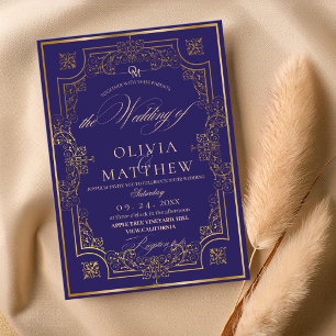 Royal Blue Gold Script Wedding Invitation