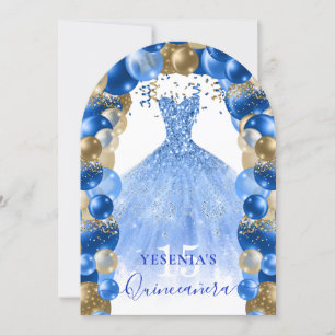 Royal Blue Gold Sparkle Dress Quinceañera Balloon Invitation