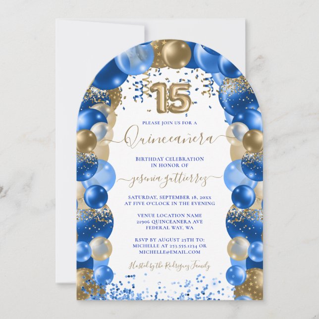 Royal Blue Gold Sparkle Quinceañera Balloon Invitation (Front)
