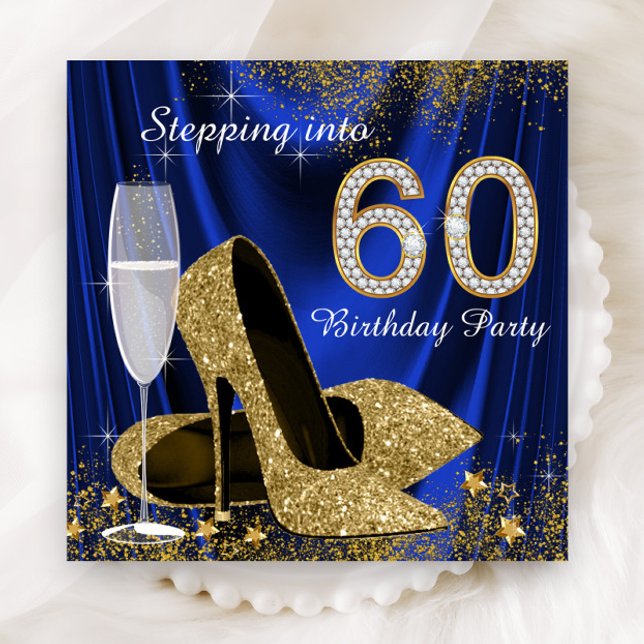 Royal Blue Gold Stepping Into 60 Birthday Party Invitation (Womans royal blue satin, gold high heels and diamond numbers 60th birthday invitation. )