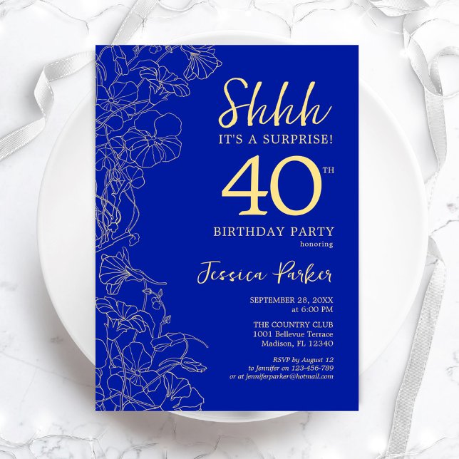 Royal Blue Gold Surprise 40th Birthday Invitation (Creator Uploaded)
