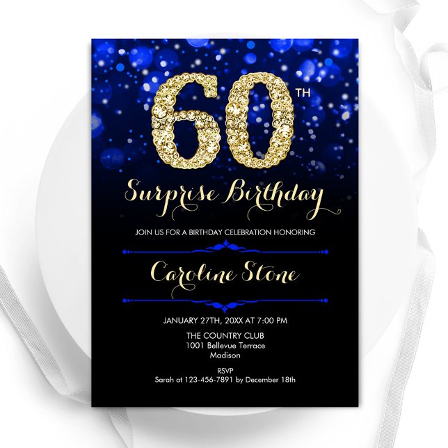 Royal Blue Gold Surprise 60th Birthday Invitation (Creator Uploaded)