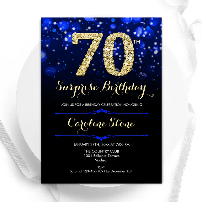 Royal Blue Gold Surprise 70th Birthday Invitation | Zazzle