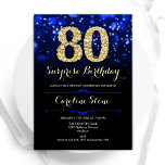 Royal Blue Gold Surprise 80th Birthday Invitation<br><div class="desc">Surprise 80th birthday party invitation. Elegant royal blue design with faux glitter gold. Features stylish diamonds, bokeh lights and script font. Men or women bday invite. Perfect for a stylish adult birthday party. Personalise with your own details. Message me if you need further customisation. Printed Zazzle invitations or instant download...</div>