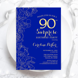 Royal Blue Gold Surprise 90th Birthday Party Invitation