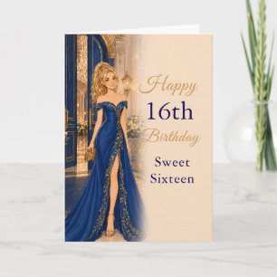 Royal Blue Gold Sweet Sixteen Birthday Card