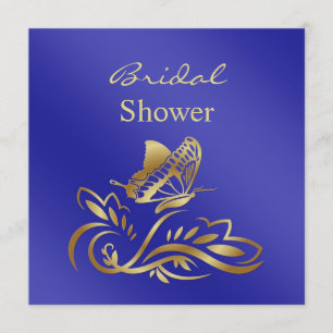 Royal blue & gold swirls, butterfly Bridal Shower Invitation
