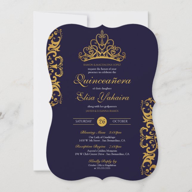 Royal Blue & Gold Tiara Crown Elegant Quinceañera Invitation (Front)