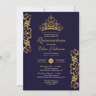 Royal Blue & Gold Tiara Crown Elegant Quinceañera Invitation