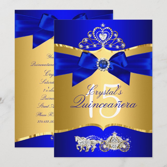Royal Blue Gold Tiara Pearl Bow Quinceanera Invitation (Front/Back)